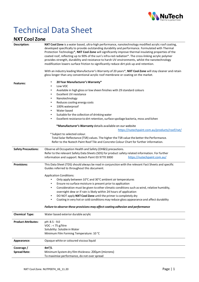 Australia NXT Cool Zone technical data sheet preview