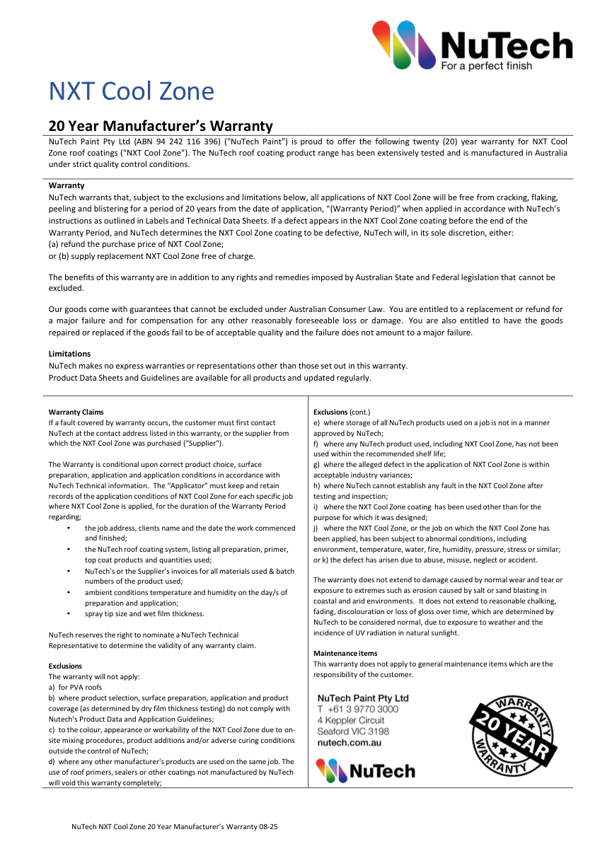 NuTech NXT 20-Year Manufacturer Warranty document preview